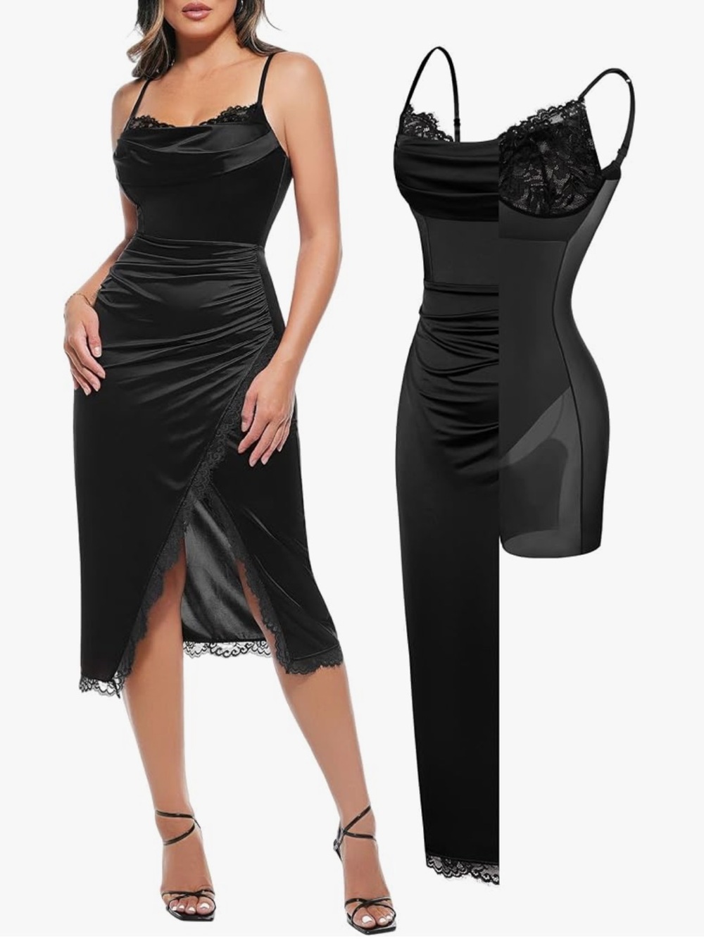 NWT Popilush Satin Lace Corset Midi Dress - Black